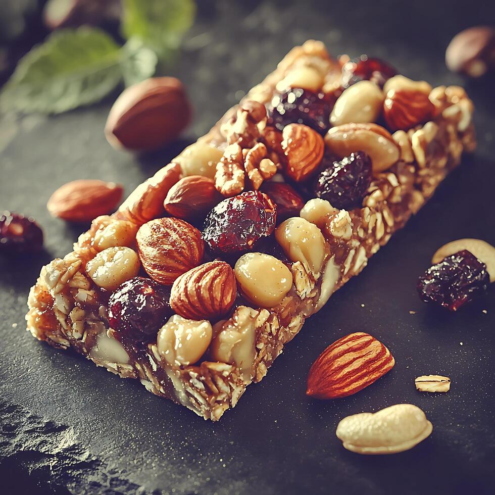 Delicious Nut and Dried Fruit Energy Bar Close-Up. A tempting image showcasing a granola bar packed with almonds, macadamia nuts, and cranberries. photo