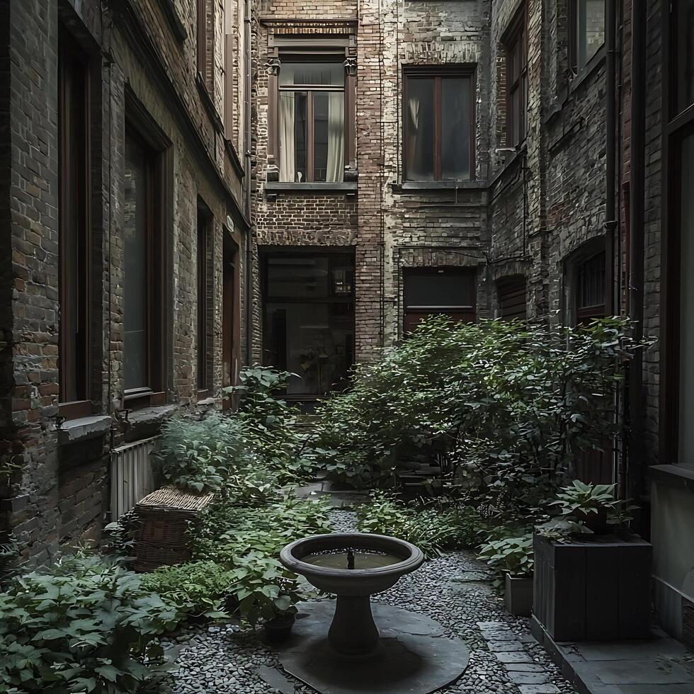 Serene Courtyard Oasis Stone Fountain in a Historic Brick Building's Inner Garden. photo