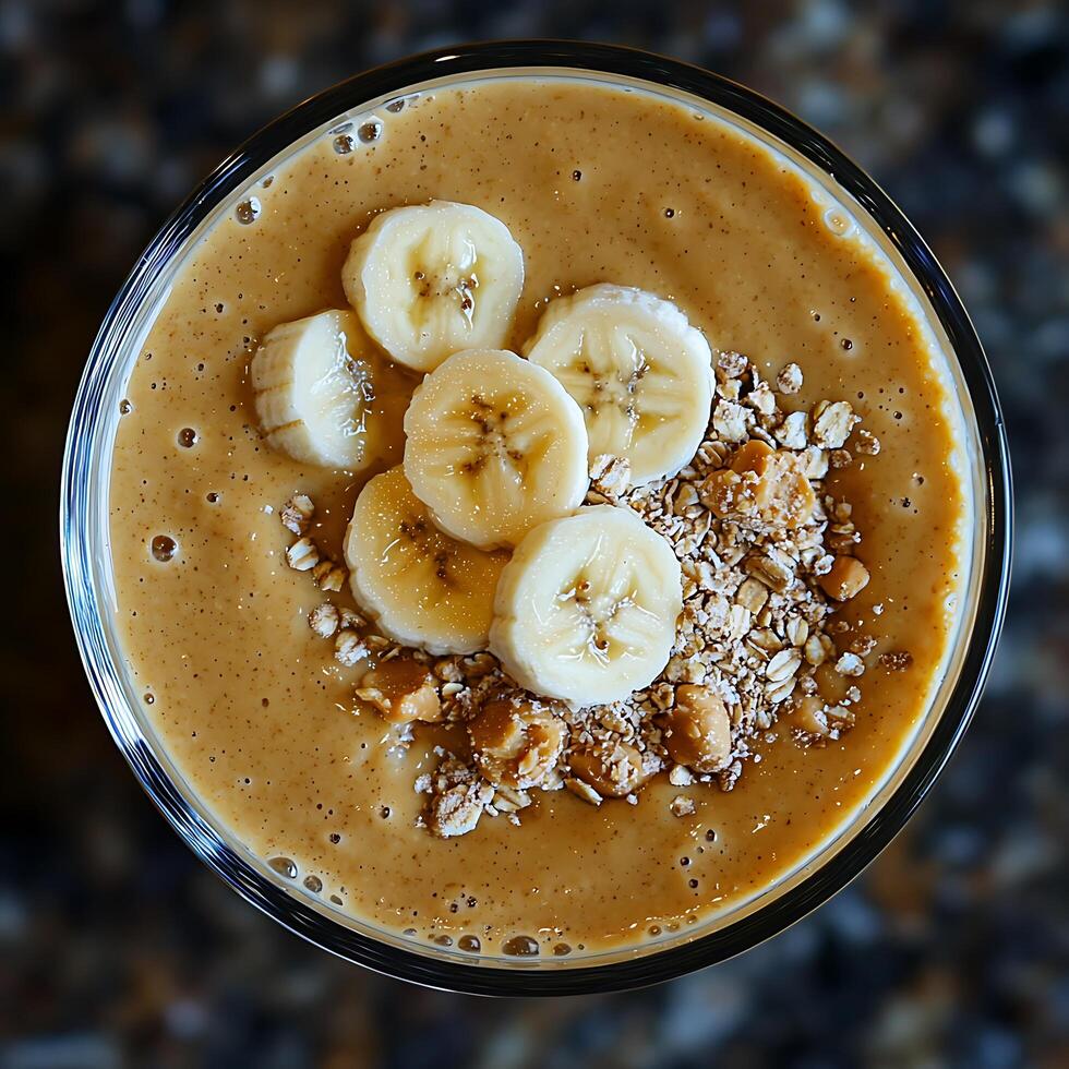 Delicious Banana Peanut Butter Smoothie with Granola Topping. A close-up overhead shot of a creamy smoothie garnished with banana slices and granola. photo