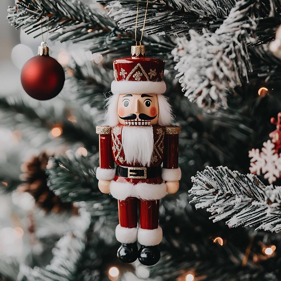 Festive Nutcracker Ornament Hanging on a Christmas Tree. A charming close-up showcasing a traditional wooden nutcracker decoration adorning a snowy Christmas tree. photo