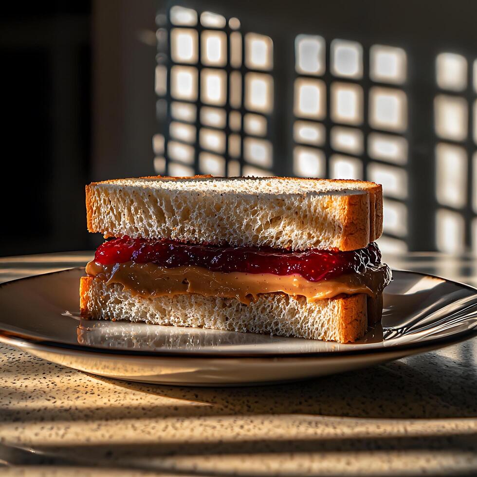 Delicious Peanut Butter and Jelly Sandwich on a Plate in Sunlight. photo