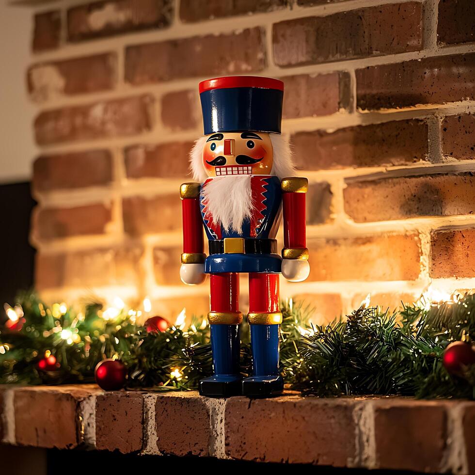 Festive Nutcracker Figurine on Brick Mantelpiece with Christmas Garland and Lights. photo
