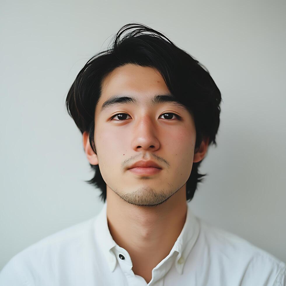 Portrait of a Young Asian Man with Dark Hair, Wearing a White Shirt. A Close-up Studio Shot Showing Neutral Facial Expression. photo