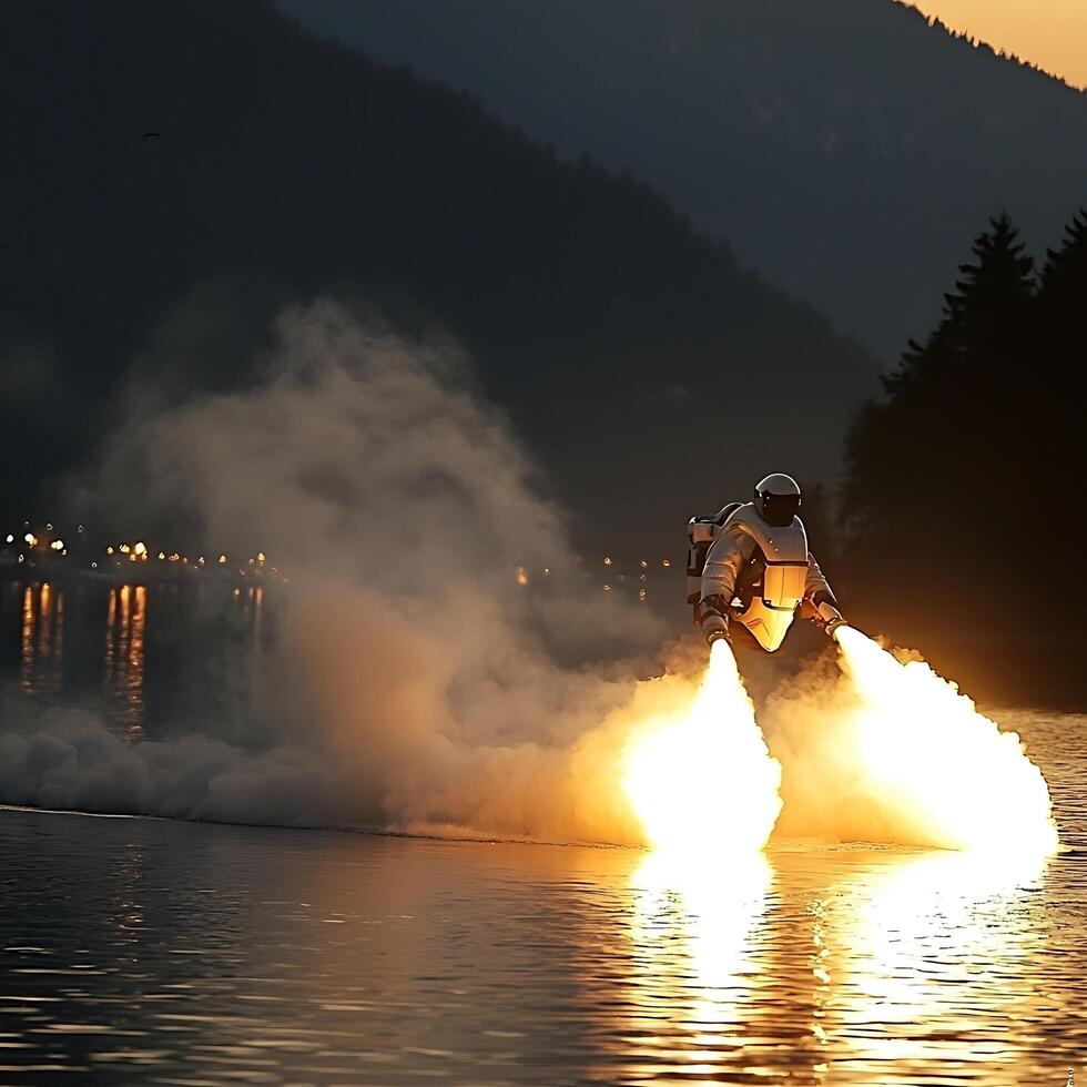 Futuristic Jetpack Flight Over Lake at Sunset. A lone figure soars across a tranquil lake propelled by a jetpack, leaving a fiery trail. photo