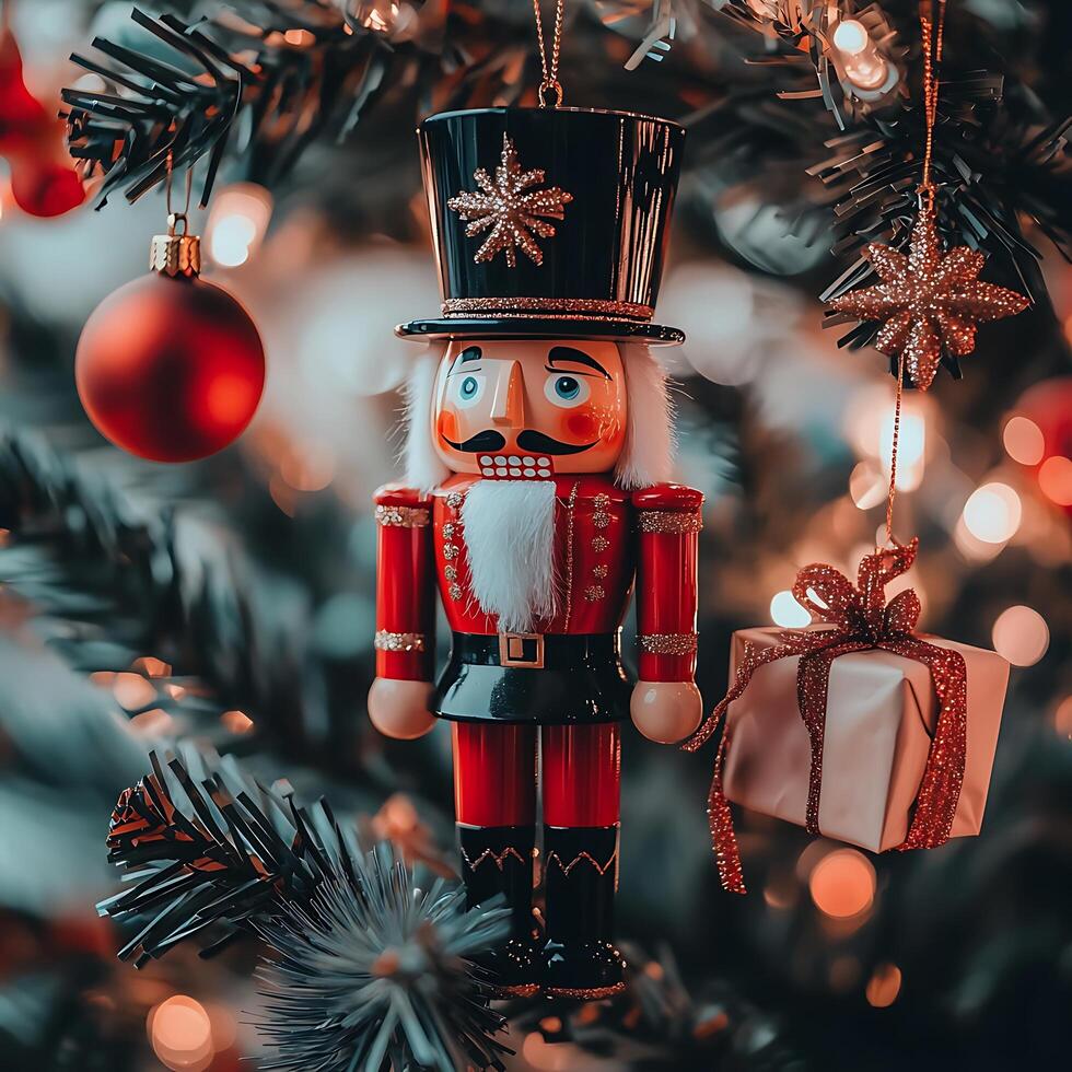 Nutcracker Ornament Hanging on Decorated Christmas Tree with Lights and Gifts. photo