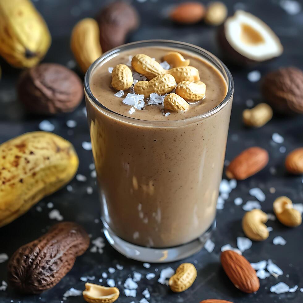 Delicious Nut and Banana Smoothie in Glass. A refreshing and healthy beverage perfect for a nutritious breakfast or snack. photo