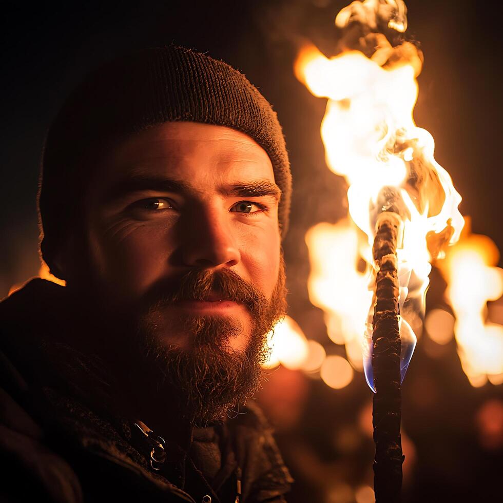 Bearded Man with Burning Torch at Night. A Dramatic Portrait. photo
