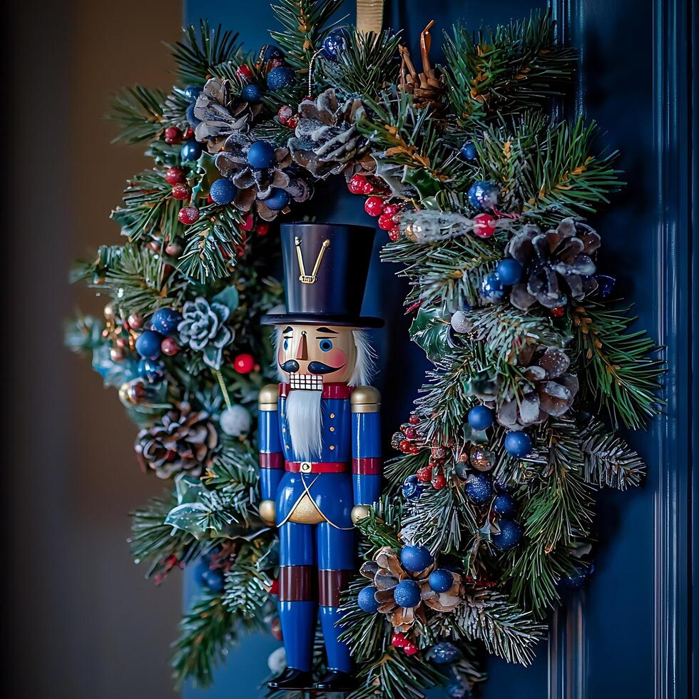 Festive Christmas Wreath with Nutcracker Decoration. A charming holiday image featuring a traditional nutcracker doll adorned within a lush, evergreen wreath. photo
