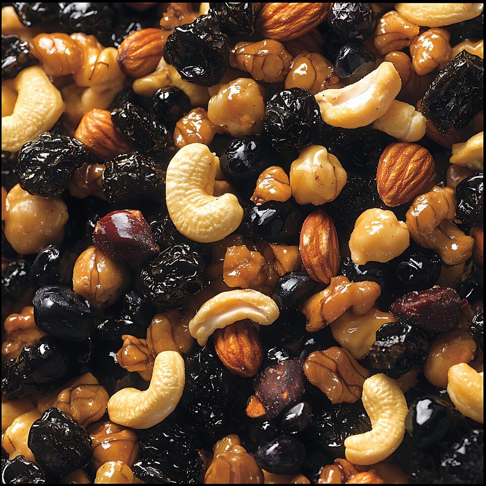 Close-up of Sweet and Savory Trail Mix A Blend of Nuts, Seeds, and Dried Fruit. photo