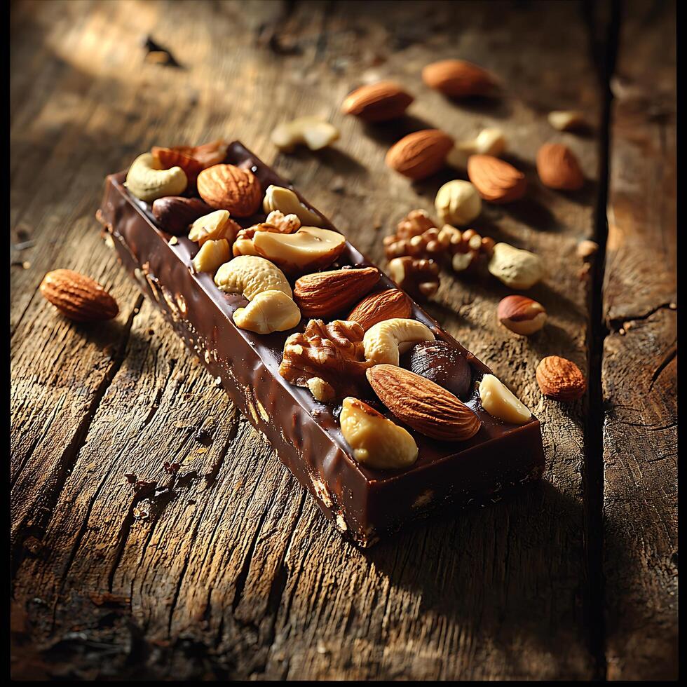 Gourmet Dark Chocolate Bar with Assorted Nuts on Rustic Wood. A delectable image perfect for food blogs, packaging, or culinary publications. photo