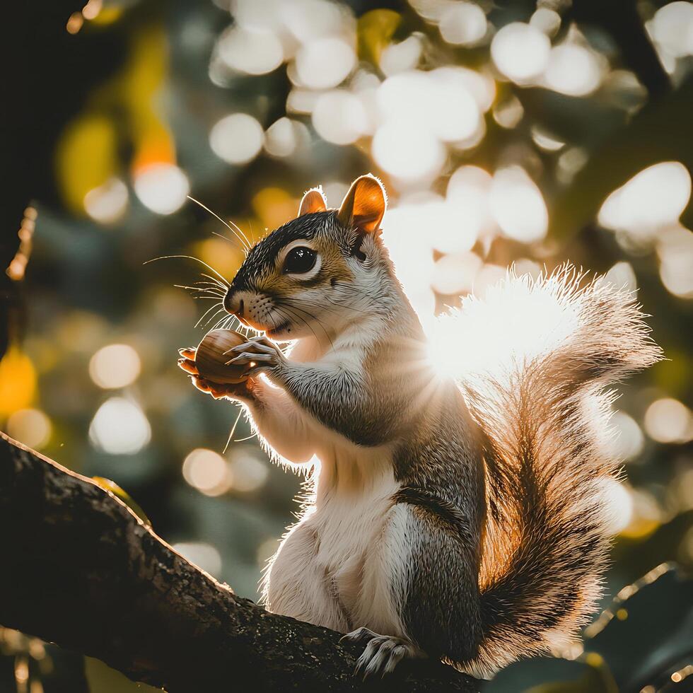 Golden Hour Squirrel A captivating image of a squirrel enjoying a nut in the warm sunlight. photo
