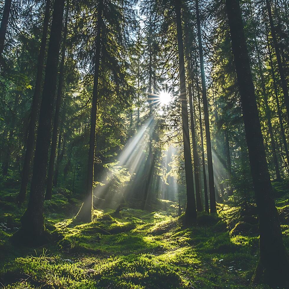 Sunbeams Illuminating a Lush, Mossy Forest Floor. A breathtaking image capturing the serenity and beauty of a sun-drenched woodland. photo