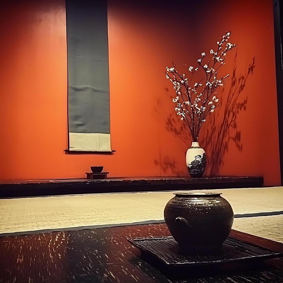Serene Tea Ceremony Setting Tranquil Asian-inspired Interior with Blossoms and Teapot. photo