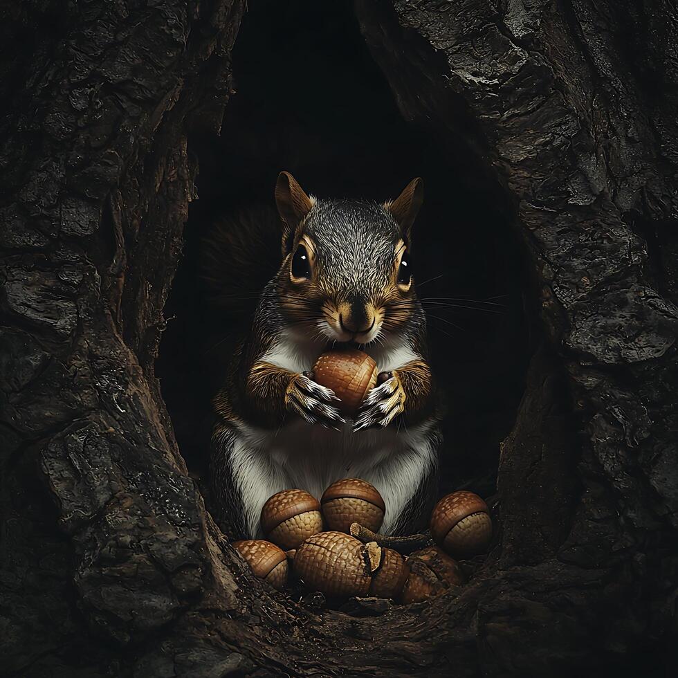A Squirrel's Autumn Bounty Close-up of a Squirrel in its Tree Hollow with Acorns. photo