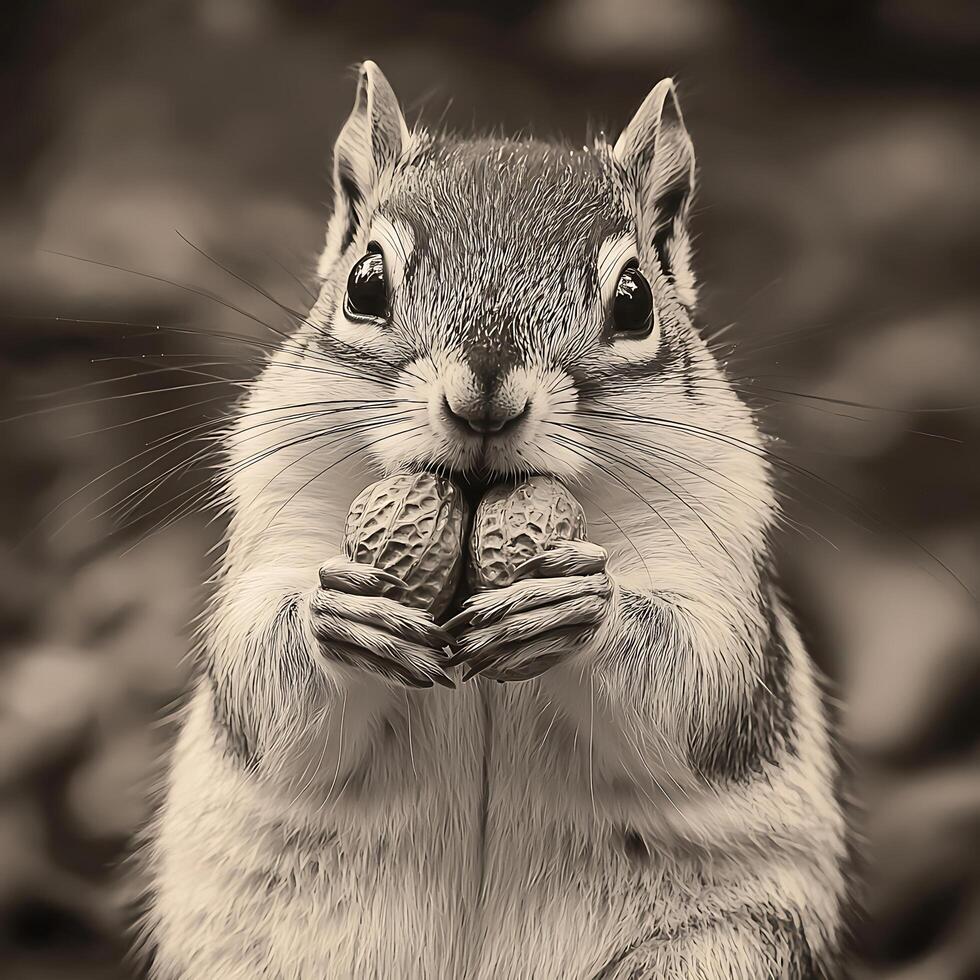 A Close-Up Portrait of an Adorable Chipmunk Holding Peanuts. Its expressive eyes and fluffy fur are captivating. photo