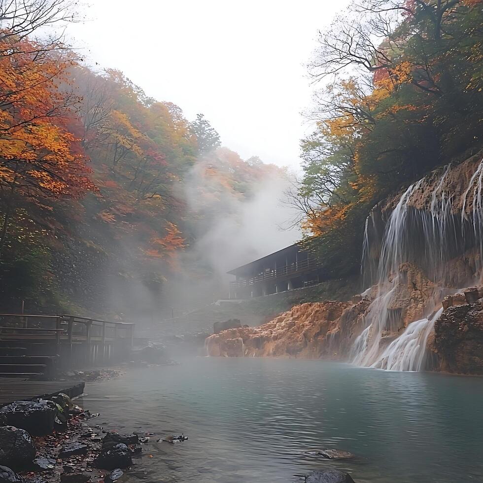 Serene Autumn Waterfall and Misty Hot Spring in Japan. A picturesque scene of a cascading waterfall flowing into a tranquil hot spring pool, surrounded by vibrant autumn foliage and mist. photo
