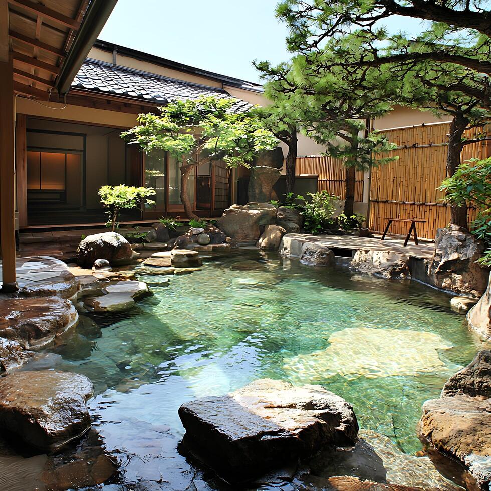 Tranquil Japanese Hot Spring Garden Serene Oasis of Natural Beauty. photo
