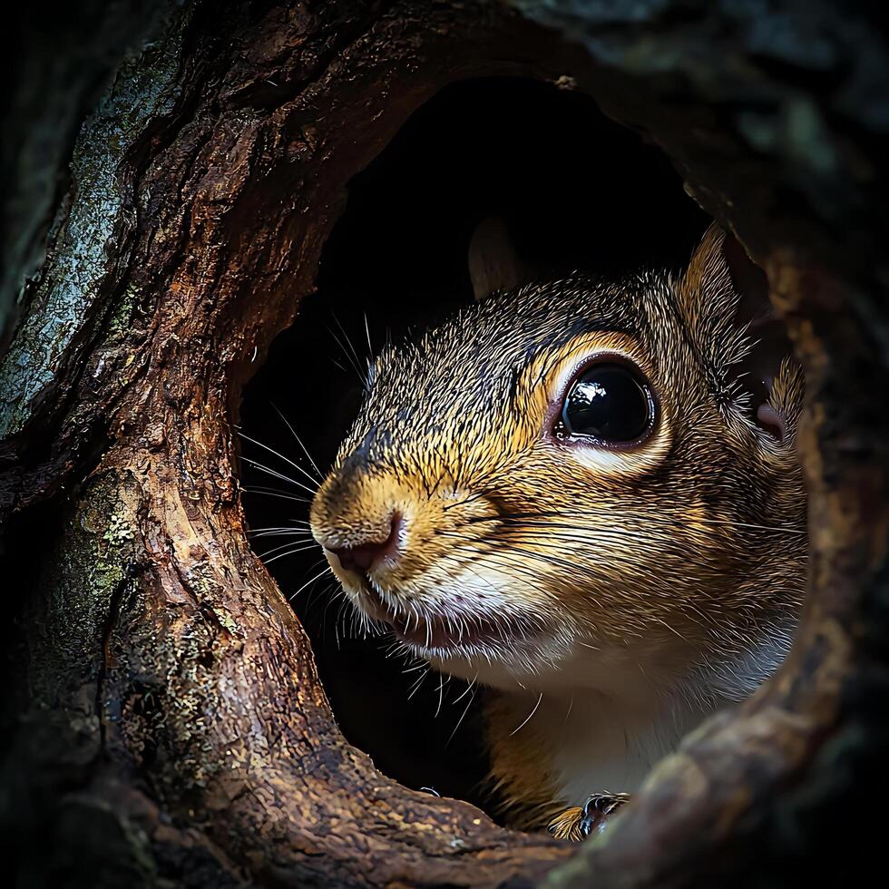 Curious Squirrel Peeking from Tree Hollow Close-up Wildlife Portrait. photo