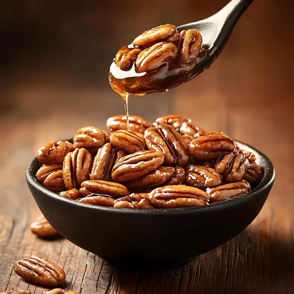 Sweet Pecan Nuts Drizzled with Honey in a Dark Bowl. A Close-Up Food Photography Image. photo