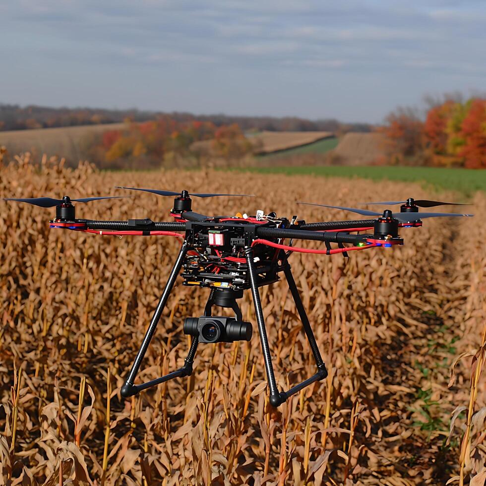 Agricultural Drone Surveying a Cornfield in Autumn. High-resolution image of advanced drone technology used in precision agriculture. photo