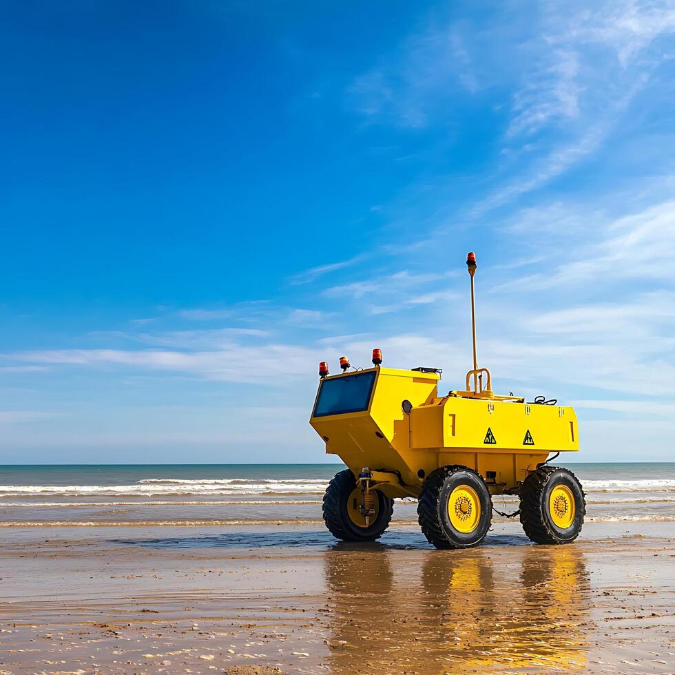Bright Yellow Utility Vehicle on a Sandy Beach Under a Clear Blue Sky. A heavy-duty all-terrain vehicle is parked on the beach. photo