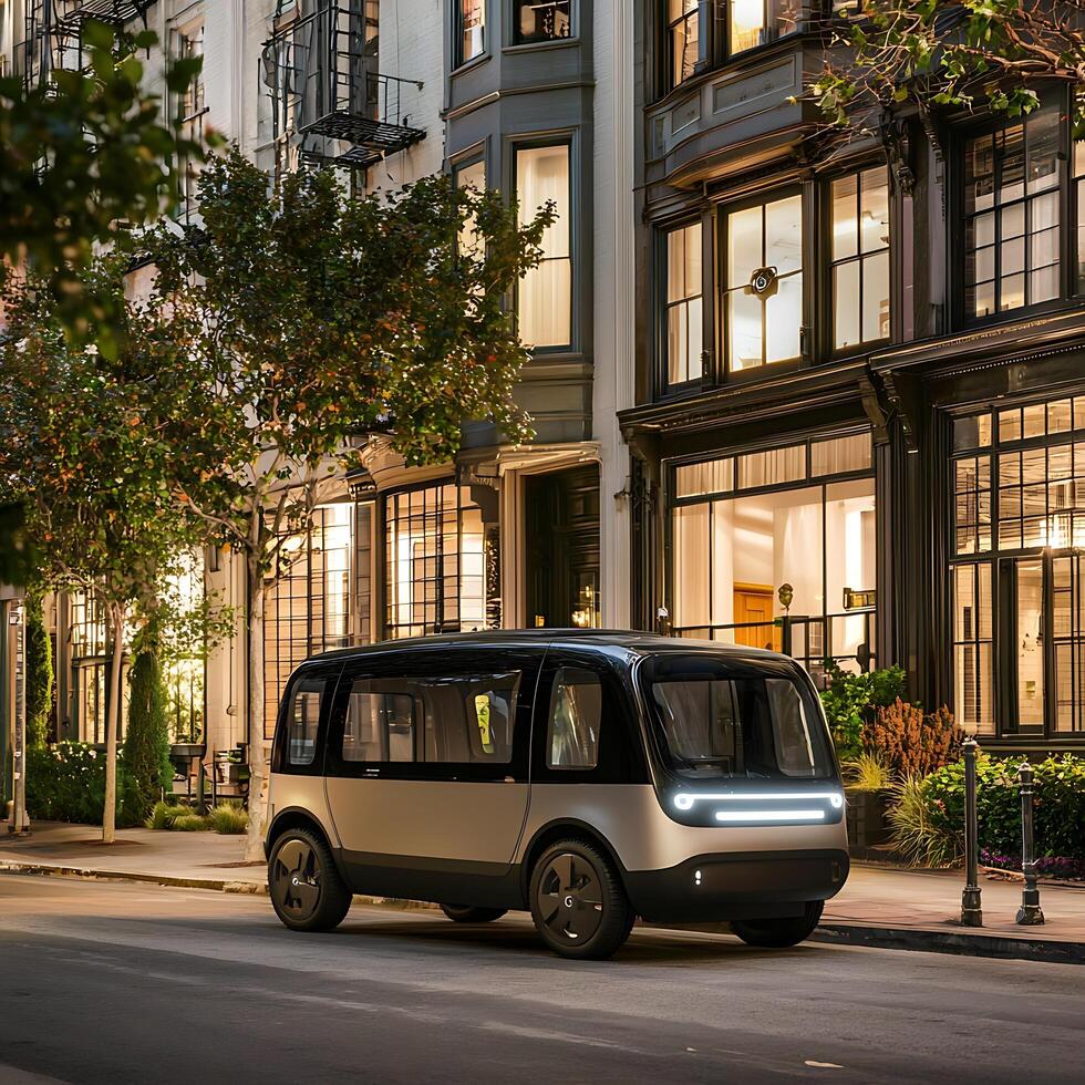 Autonomous Shuttle in City at Night Modern Transportation on Urban Streets. photo