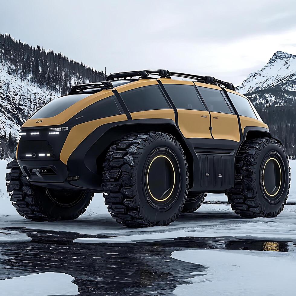 Futuristic All-Terrain Vehicle in a Snowy Mountain Landscape. A powerful, stylish off-roader in a winter scene. photo
