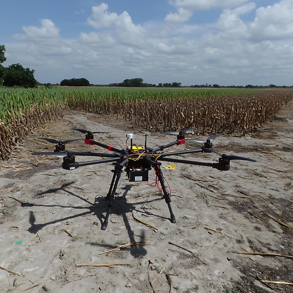 Agricultural Drone in Cornfield Precision Farming Technology. A hexacopter drone stands ready for agricultural survey in a field of harvested corn. photo