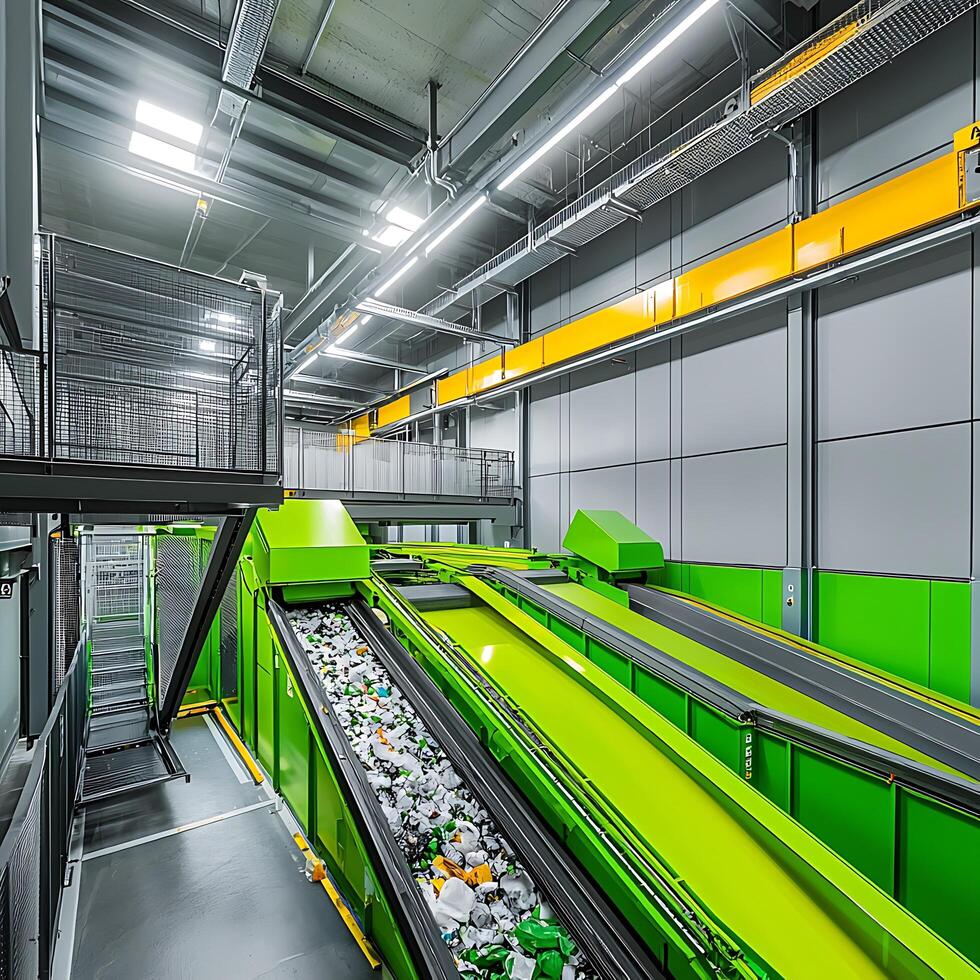 Modern Waste Recycling Facility Conveyor Belts Transporting Materials for Processing. photo