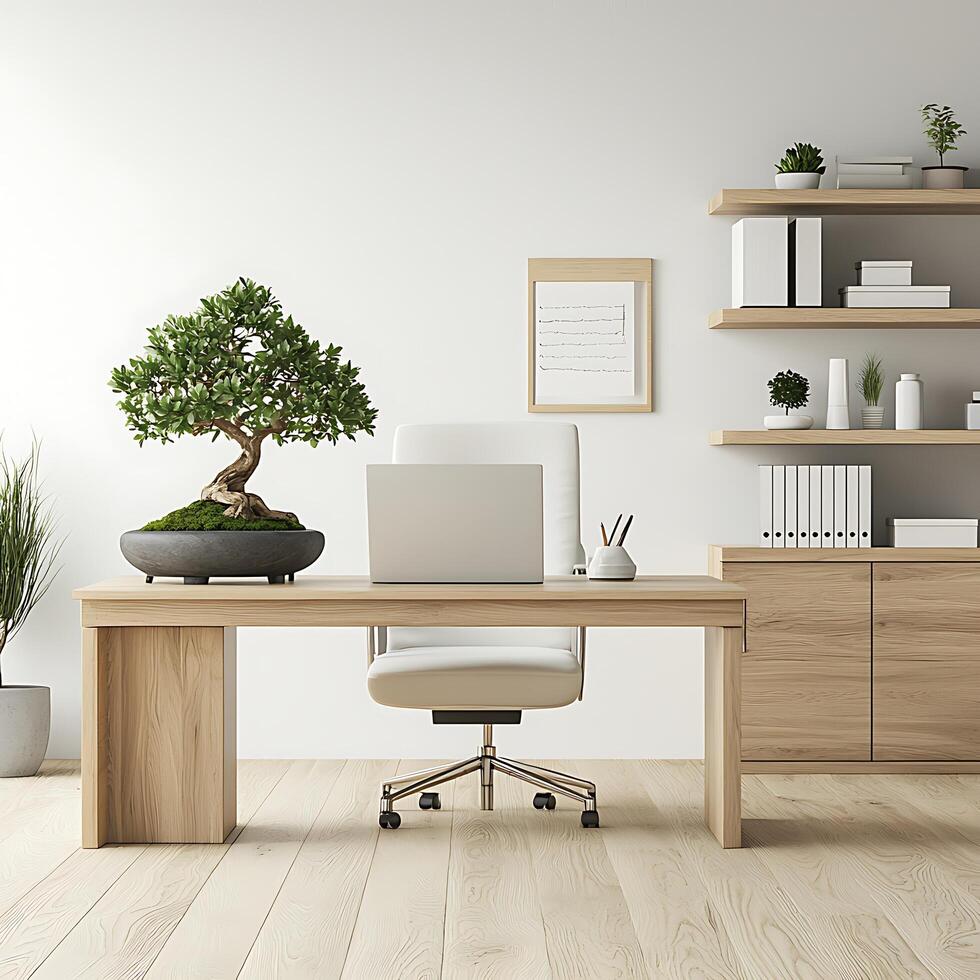 Serene Minimalist Home Office Workspace with Bonsai Tree. A tranquil and productive work environment, perfect for relaxation and focus. photo