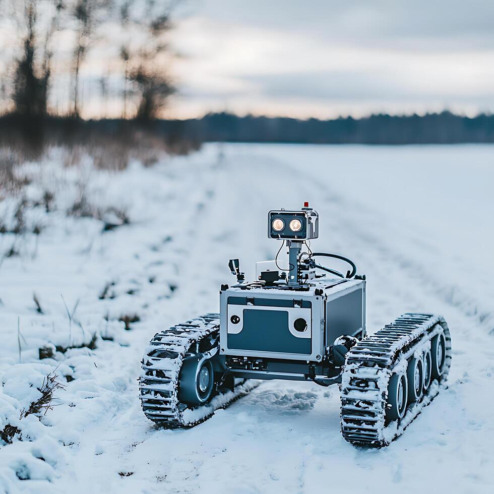Robotic Crawler in a Snowy Winter Landscape. A tracked machine traverses a snow-covered path, showcasing its robust design for challenging terrain. photo