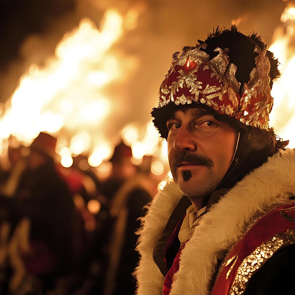 A Man in Traditional Regalia Stands Before a Bonfire. The Fiery Background Creates a Dramatic Contrast with the Rich Colors of His Costume. photo
