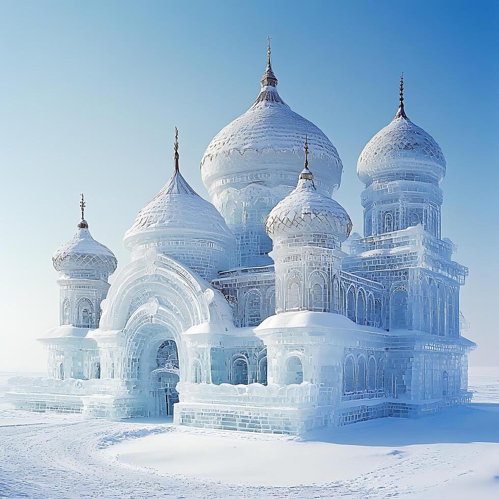 An Ice Replica of a Church in a Winter Wonderland. A stunning architectural marvel crafted entirely from ice, gleaming under a clear winter sky. photo
