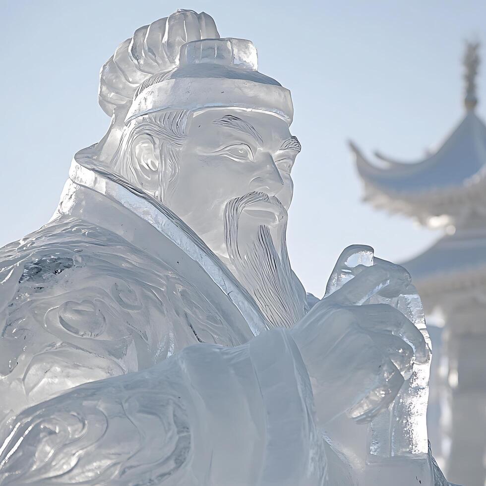 Intricate Ice Sculpture of a Chinese Sage A Detailed Close-up. photo