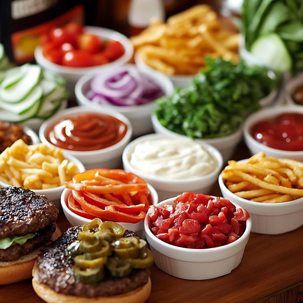 Gourmet Burger Bar Toppings and Sauces. A close-up image showcasing an array of fresh ingredients and condiments for burger customization. photo