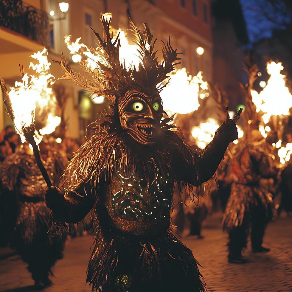 Fiery Night Spectacle A Masked Figure at a Traditional Celebration. photo