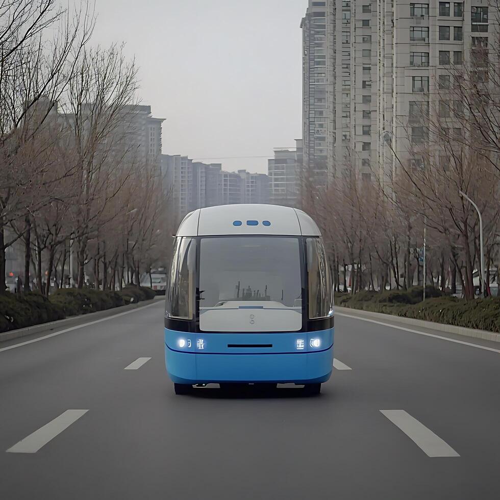 Autonomous Electric Shuttle Driving on a City Street. A futuristic, self-driving vehicle navigating an urban environment. photo