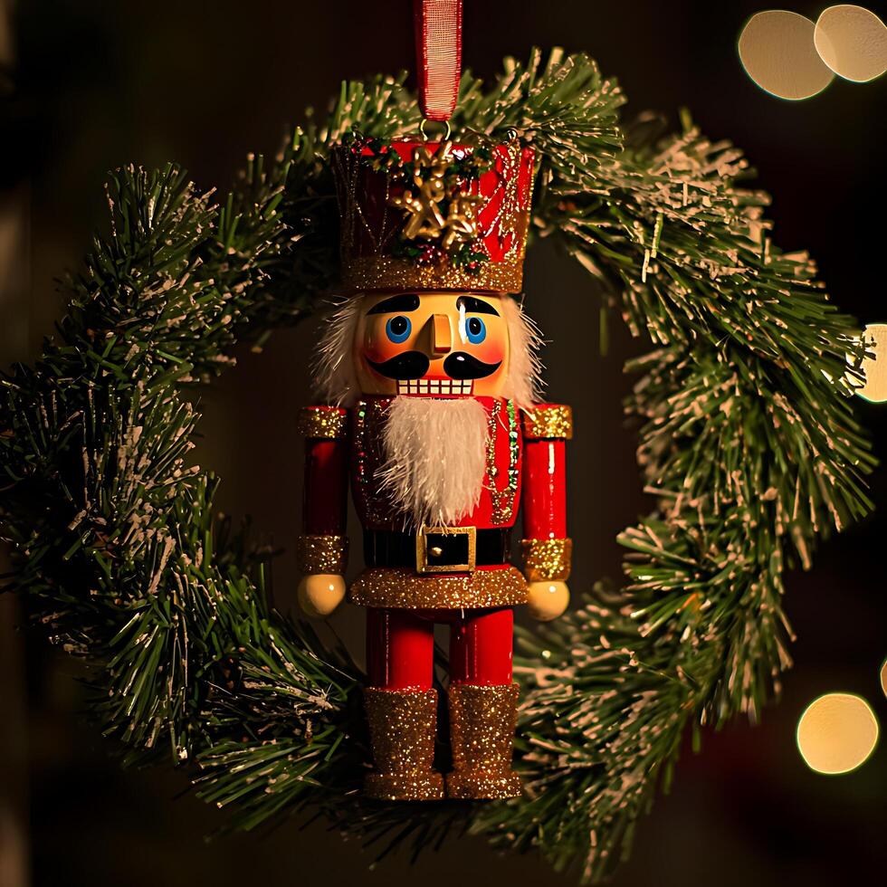 Festive Nutcracker Ornament Adorned with a Christmas Wreath. photo