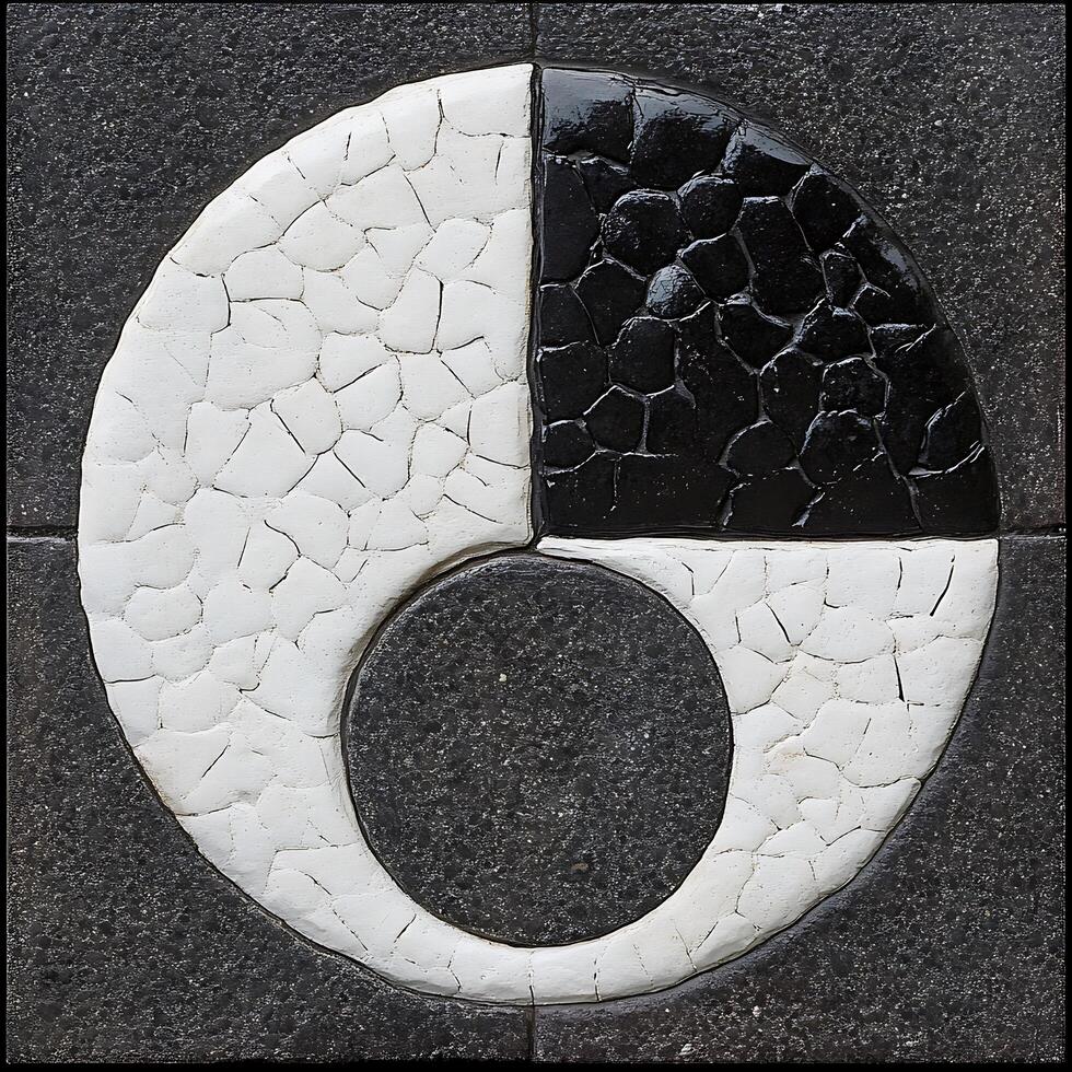 Abstract Black and White Craquelure Art Tile. A high-resolution image of a decorative tile featuring a unique cracked paint design in black and white. photo