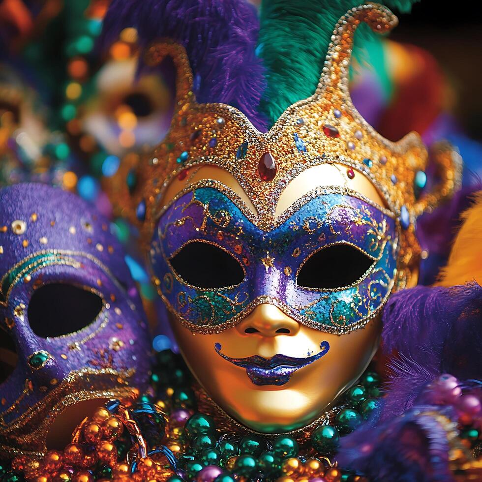 Ornate Mardi Gras Masks with Colorful Beads and Feathers. A close-up image showcasing the intricate details of festive masquerade attire. photo