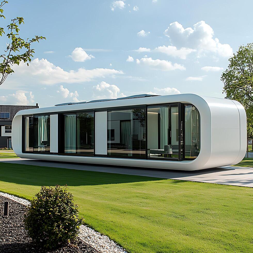 Modern Curvilinear House Design Sleek White Structure on Green Lawn. photo