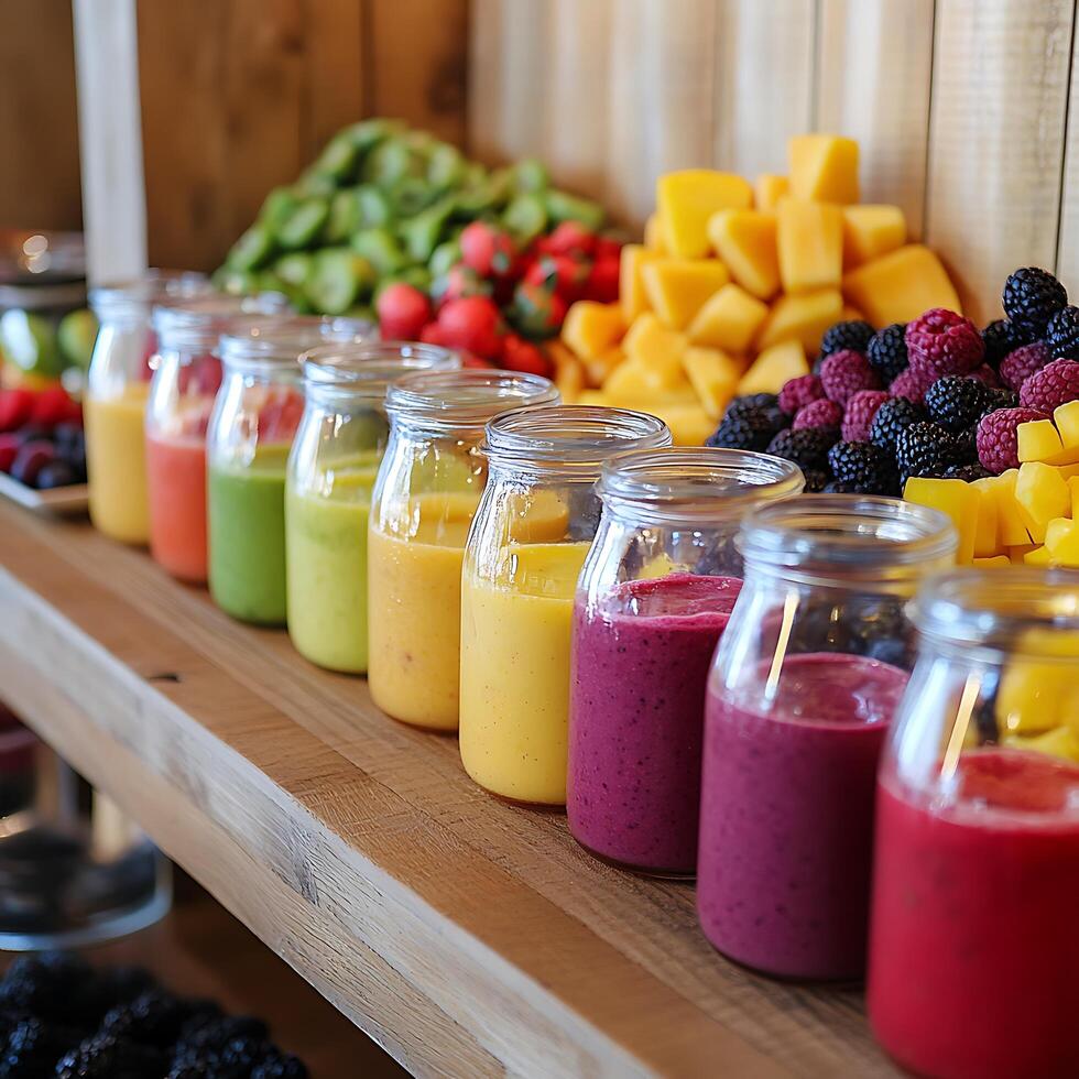 Colorful Fruit Smoothies in Glass Jars on Wooden Shelf. A vibrant display of assorted fruit smoothies, ready for consumption. photo