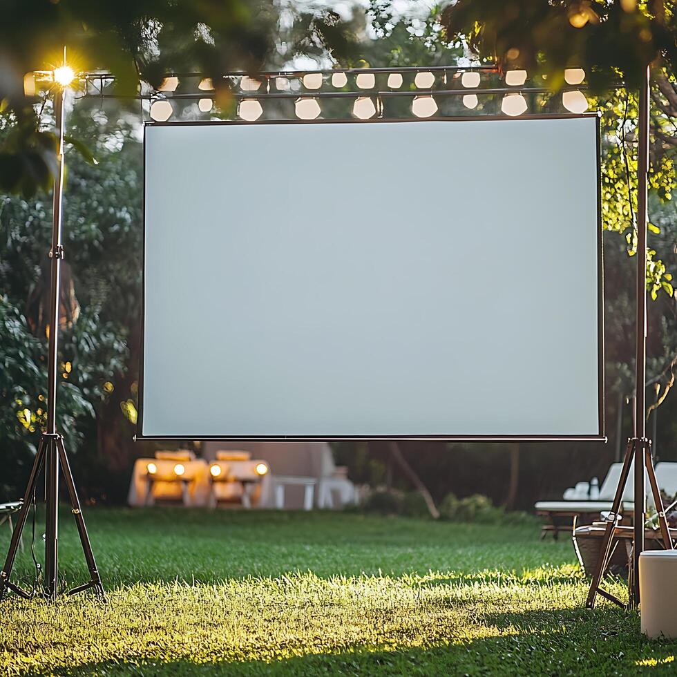 Outdoor Movie Screen Setup in a Garden at Sunset. A blank projection screen is ready for a film screening in a backyard setting. photo