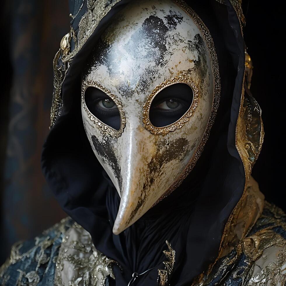 Elegant Venetian Plague Doctor Mask A Close-Up Portrait. A mysterious figure in a richly detailed, gold-accented costume. photo