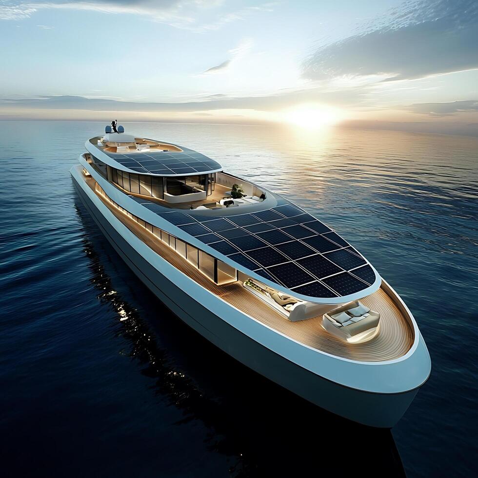 Luxurious Solar-Powered Yacht at Sunset Sustainable Travel and Luxury. photo
