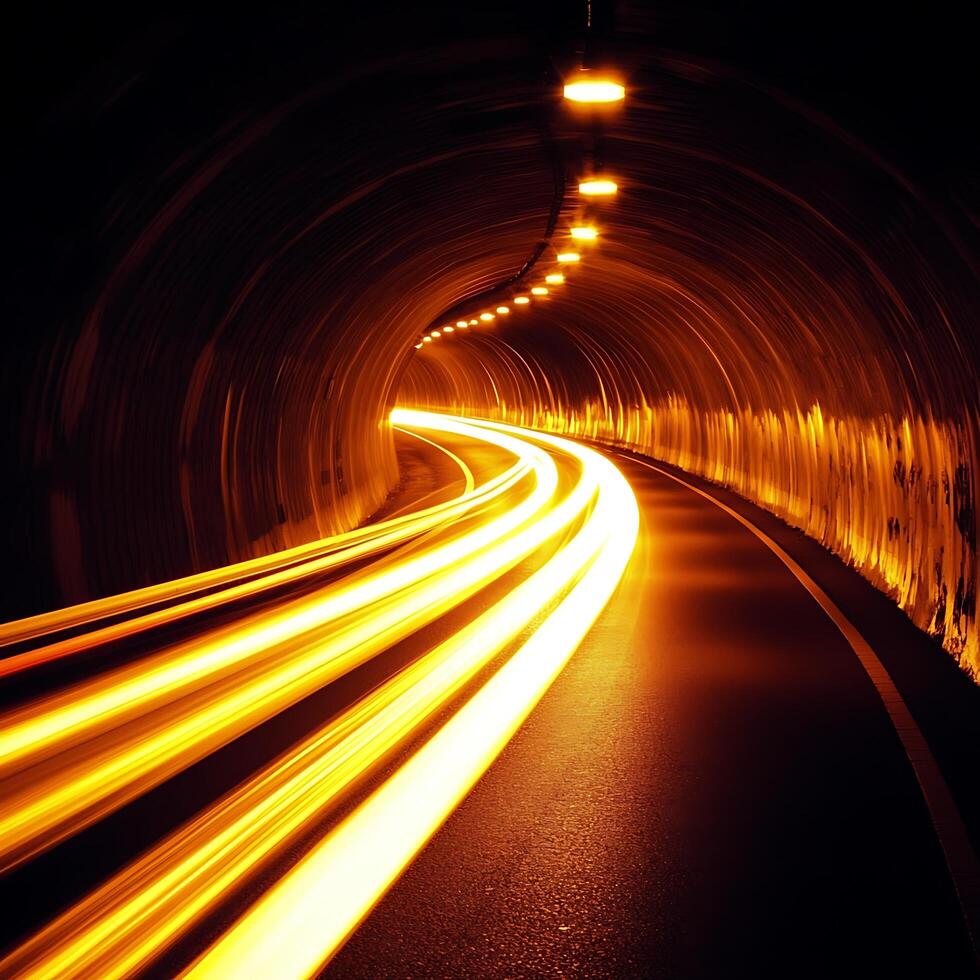 Illuminated Tunnel Abstract Light Trails of Moving Vehicles at Night. A captivating image of dynamic light streaks within a curved tunnel. photo