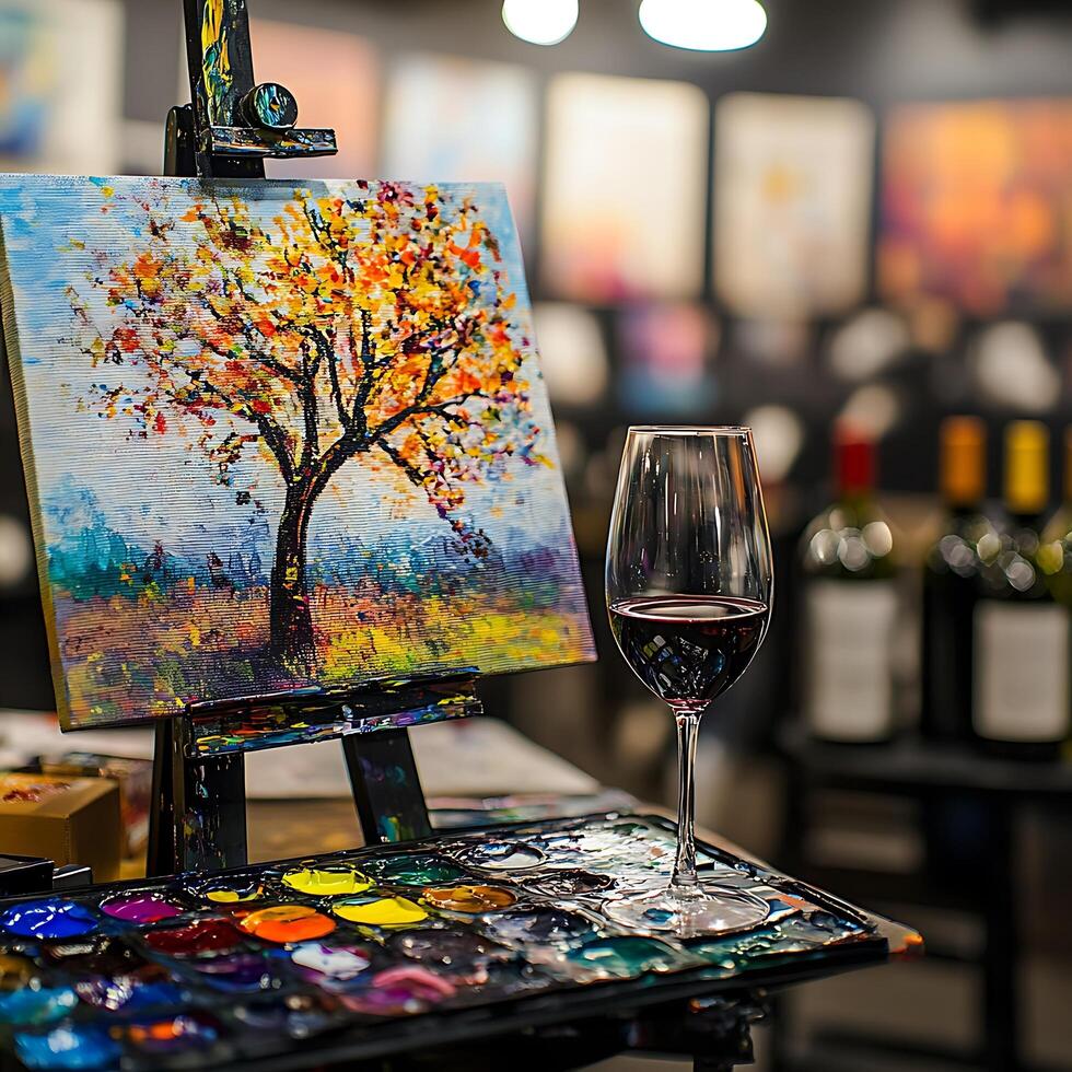Autumnal Tree Painting on Easel with Wine Glass and Paint Palette. photo