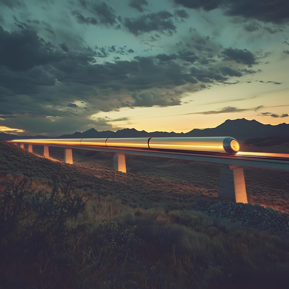 Futuristic High-Speed Train at Sunset Crossing Elevated Tracks Through Desert Landscape. A dramatic image depicting modern transportation technology against a stunning natural backdrop. photo