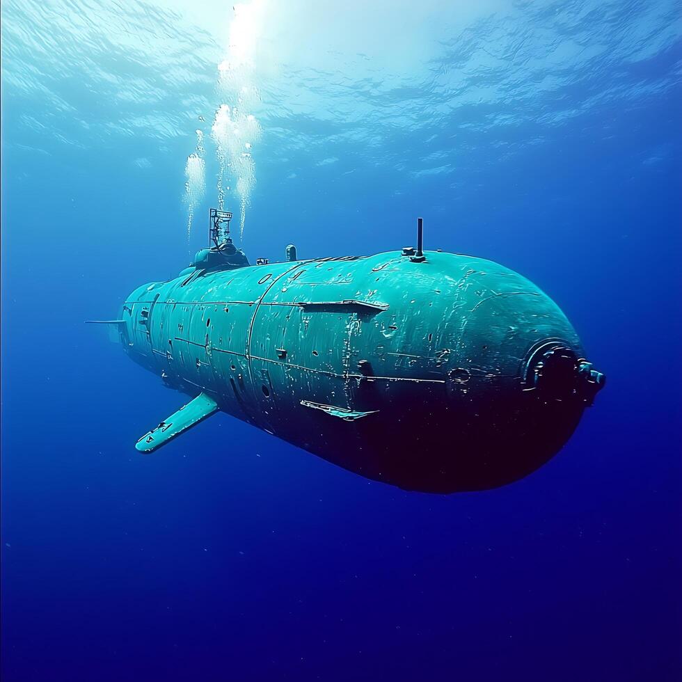 Submerged A Teal Submarine in Deep Ocean Waters. This underwater image captures the serene beauty of a submarine navigating the deep blue. photo