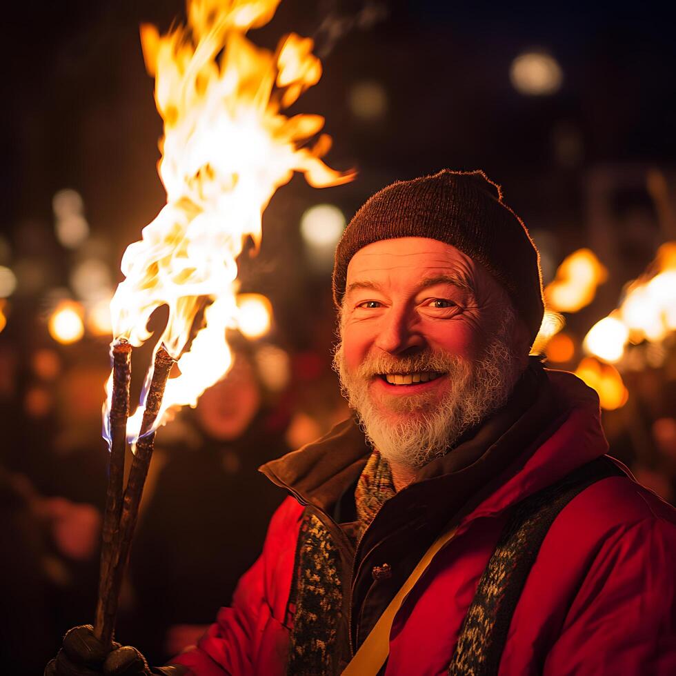 Happy Senior Man with Torch at Nighttime Festival. A joyful elderly man smiles warmly while holding a burning torch during an outdoor evening celebration. photo